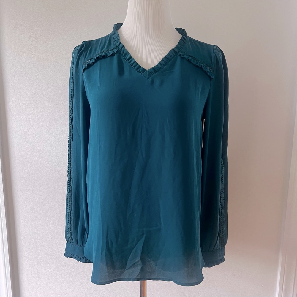 LOFT Teal Ruffle Trim Blouse w/ Crochet Sleeve Detail – Size Small
